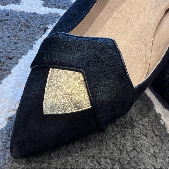 GUC Longchamp Black Gold Point Ballet Flats Leather and Calf Hair Authentic Shoe - Picture 8 of 9